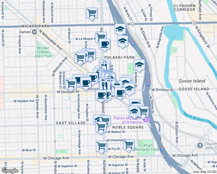 map of restaurants, bars, coffee shops, grocery stores, and more near 1219 North Bosworth Avenue in Chicago