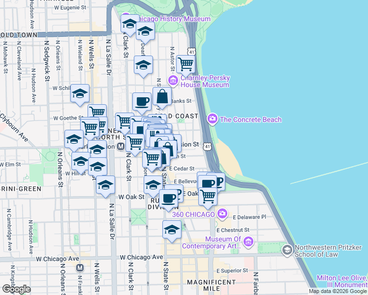 map of restaurants, bars, coffee shops, grocery stores, and more near 102 East Division Street in Chicago