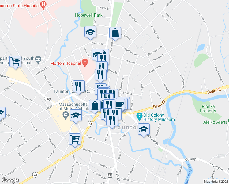 map of restaurants, bars, coffee shops, grocery stores, and more near School St & Leonard St in Taunton