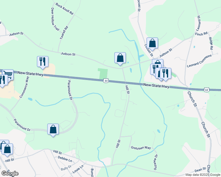 map of restaurants, bars, coffee shops, grocery stores, and more near 1305 New State Highway in Raynham