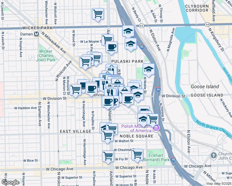 map of restaurants, bars, coffee shops, grocery stores, and more near 1211 North Milwaukee Avenue in Chicago