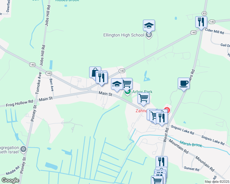 map of restaurants, bars, coffee shops, grocery stores, and more near 49 Main Street in Ellington