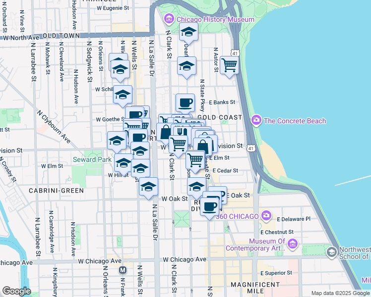 map of restaurants, bars, coffee shops, grocery stores, and more near 1164 North Dearborn Street in Chicago