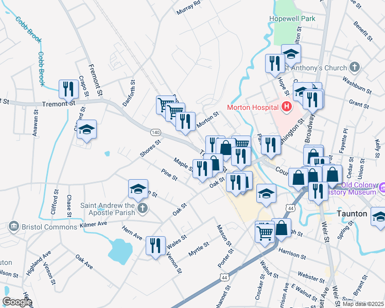 map of restaurants, bars, coffee shops, grocery stores, and more near 30 Tremont Street in Taunton