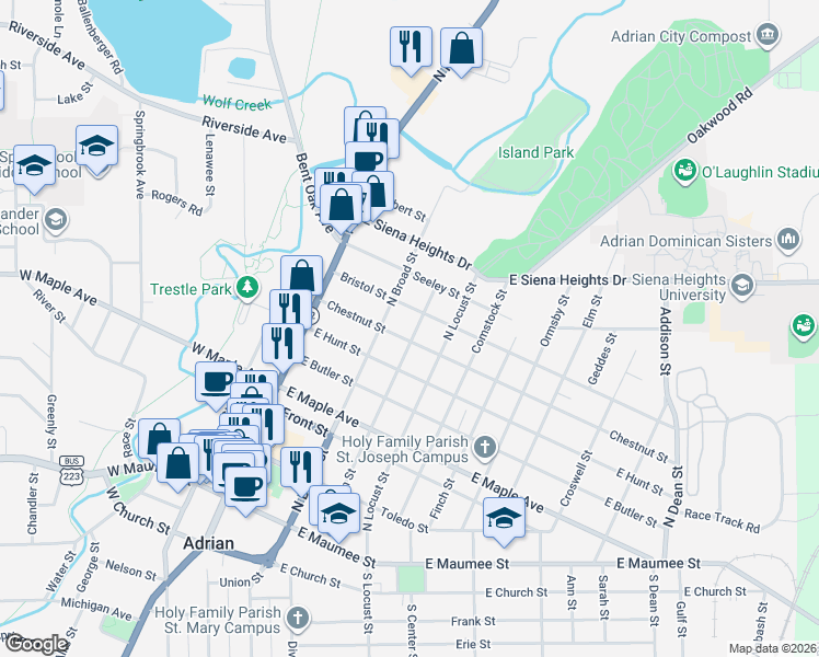 map of restaurants, bars, coffee shops, grocery stores, and more near 714 North Broad Street in Adrian