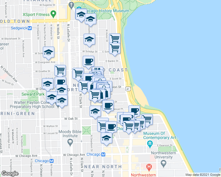 map of restaurants, bars, coffee shops, grocery stores, and more near 102 East Division Street in Chicago