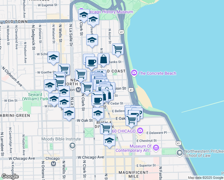 map of restaurants, bars, coffee shops, grocery stores, and more near 102 East Division Street in Chicago