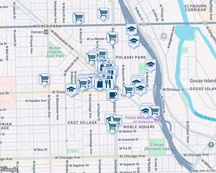 map of restaurants, bars, coffee shops, grocery stores, and more near 1239 West Montana Street in Chicago