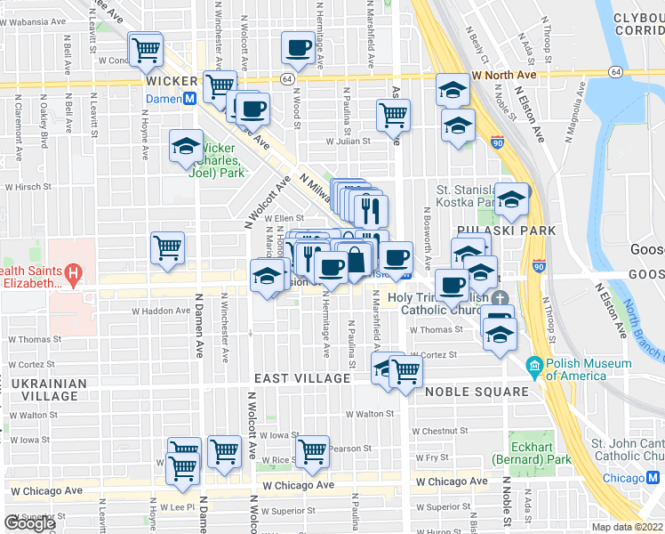map of restaurants, bars, coffee shops, grocery stores, and more near in Chicago