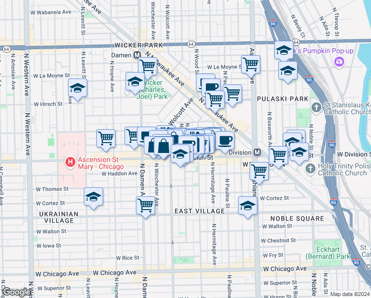 map of restaurants, bars, coffee shops, grocery stores, and more near 1806 West Division Street in Chicago