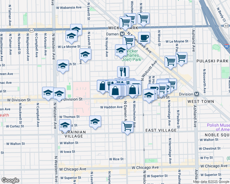 map of restaurants, bars, coffee shops, grocery stores, and more near in Chicago