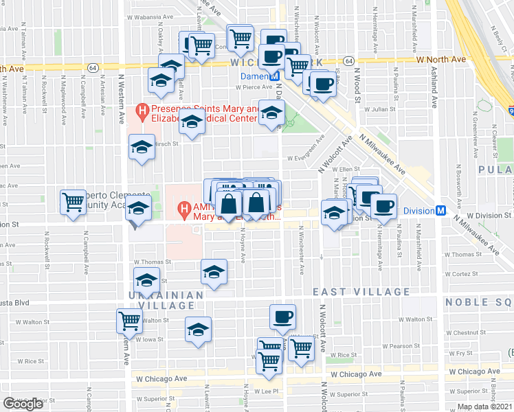 map of restaurants, bars, coffee shops, grocery stores, and more near in Chicago