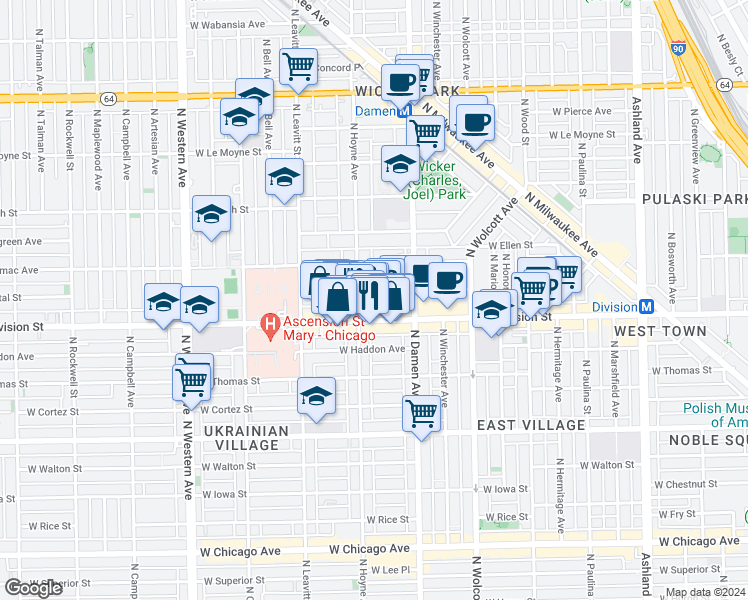 map of restaurants, bars, coffee shops, grocery stores, and more near in Chicago