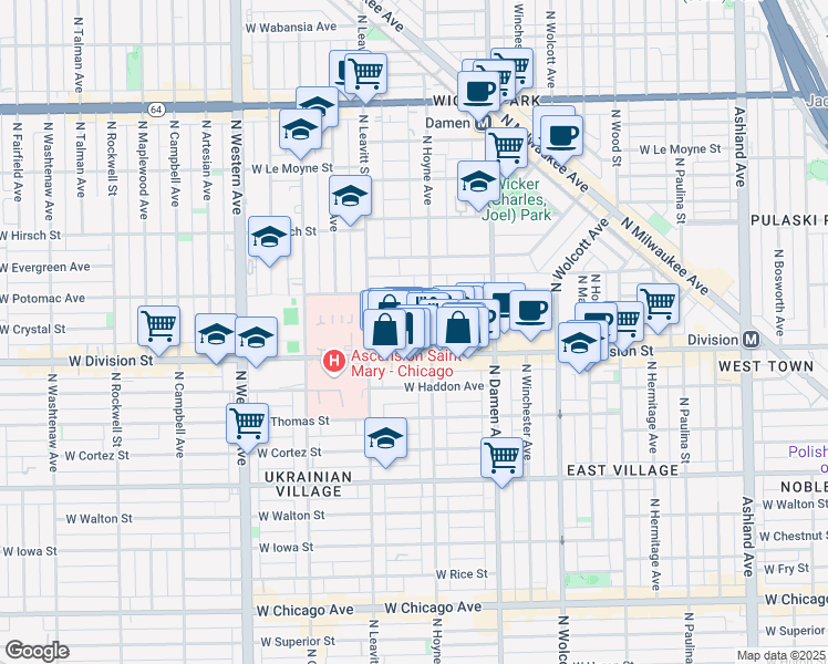 map of restaurants, bars, coffee shops, grocery stores, and more near 2133 West Crystal Street in Chicago