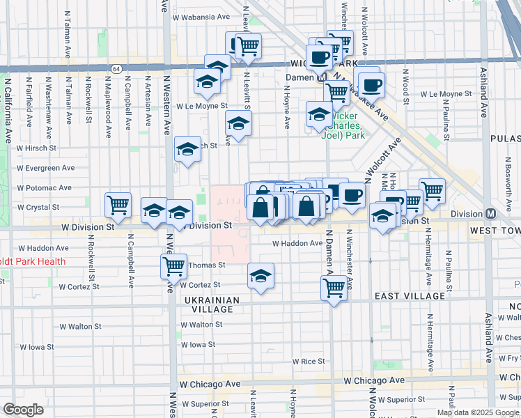 map of restaurants, bars, coffee shops, grocery stores, and more near 2125 West Crystal Street in Chicago