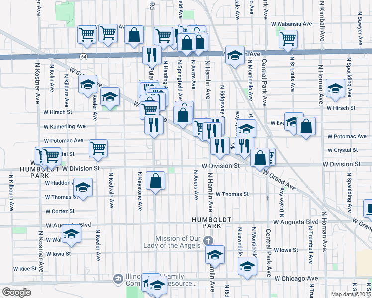 map of restaurants, bars, coffee shops, grocery stores, and more near 1240 North Avers Avenue in Chicago
