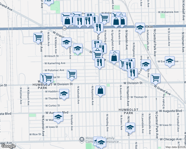 map of restaurants, bars, coffee shops, grocery stores, and more near 4032 West Crystal Street in Chicago