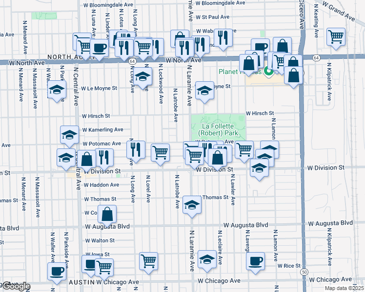 map of restaurants, bars, coffee shops, grocery stores, and more near in Chicago