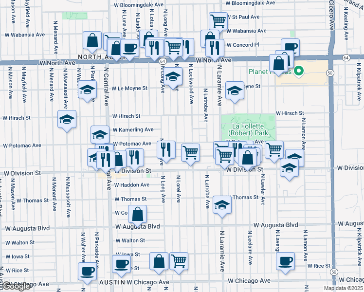 map of restaurants, bars, coffee shops, grocery stores, and more near 5315 West Potomac Avenue in Chicago