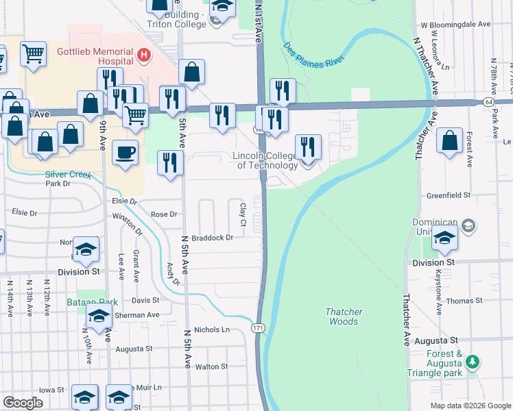 map of restaurants, bars, coffee shops, grocery stores, and more near 1690 North 1st Avenue in Melrose Park