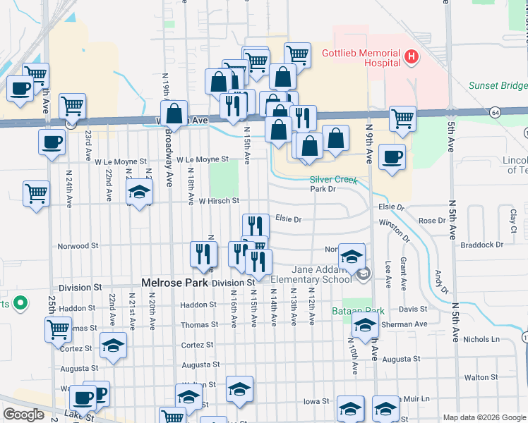 map of restaurants, bars, coffee shops, grocery stores, and more near 1639 North 15th Avenue in Melrose Park