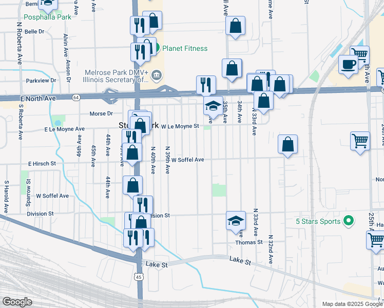 map of restaurants, bars, coffee shops, grocery stores, and more near 1710 North 37th Avenue in Stone Park