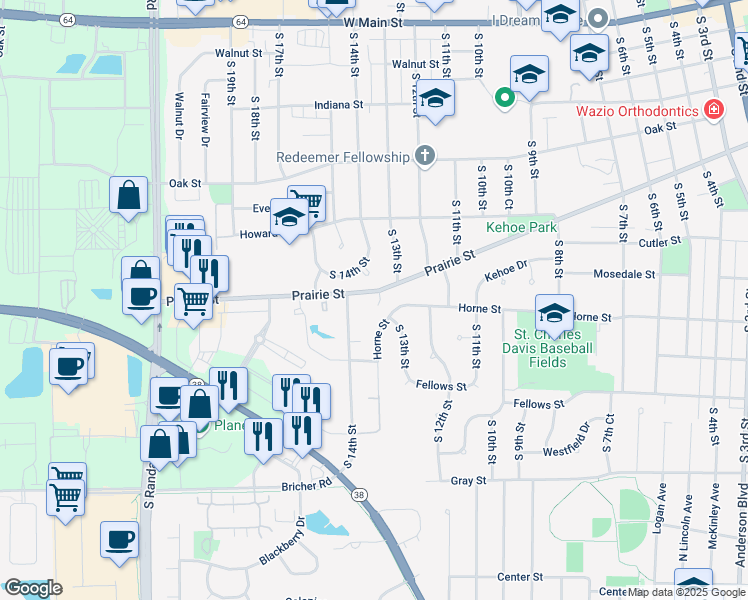 map of restaurants, bars, coffee shops, grocery stores, and more near 1315 Prairie Street in St. Charles