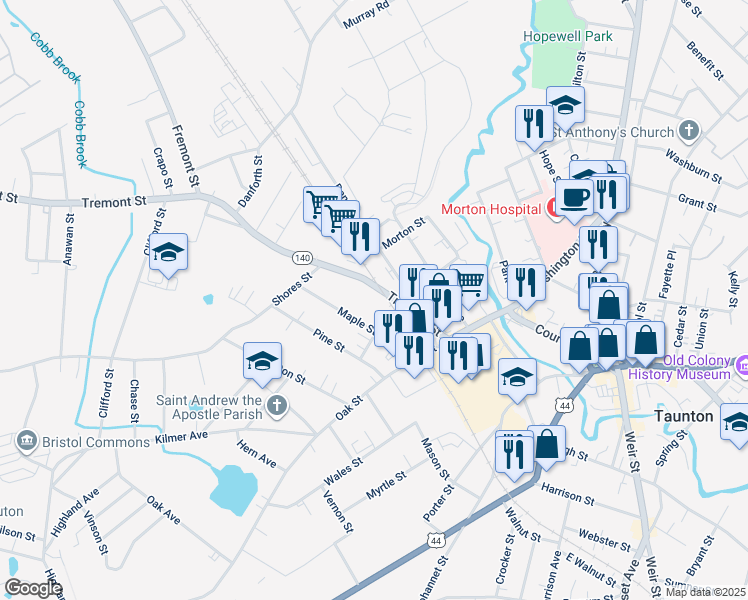 map of restaurants, bars, coffee shops, grocery stores, and more near 30 Tremont Street in Taunton
