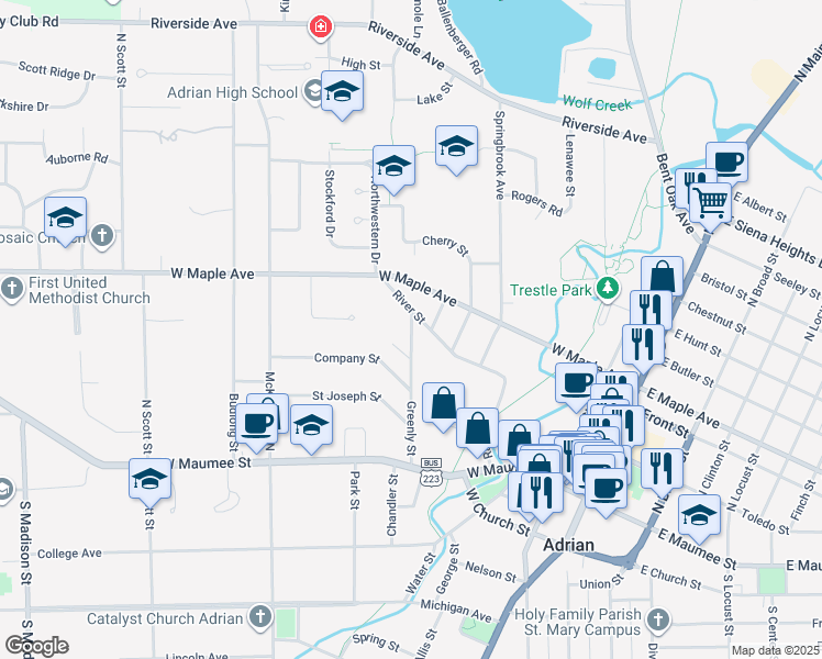 map of restaurants, bars, coffee shops, grocery stores, and more near 363 Greenly Street in Adrian