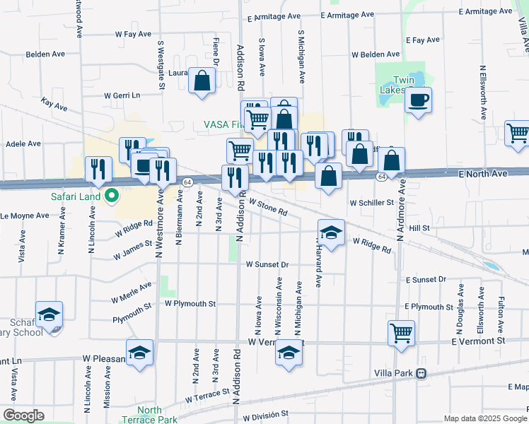 map of restaurants, bars, coffee shops, grocery stores, and more near 727 North Iowa Avenue in Villa Park