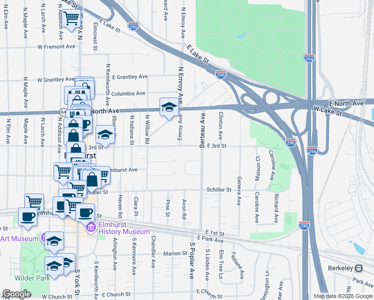 map of restaurants, bars, coffee shops, grocery stores, and more near 308 East 3rd Street in Elmhurst