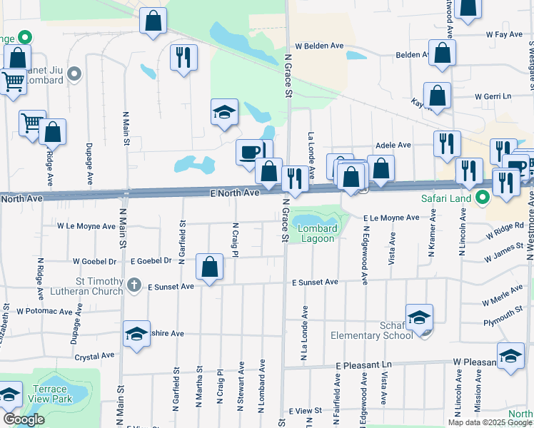 map of restaurants, bars, coffee shops, grocery stores, and more near 318 East Le Moyne Avenue in Lombard