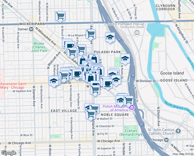 map of restaurants, bars, coffee shops, grocery stores, and more near 1209 North Milwaukee Avenue in Chicago
