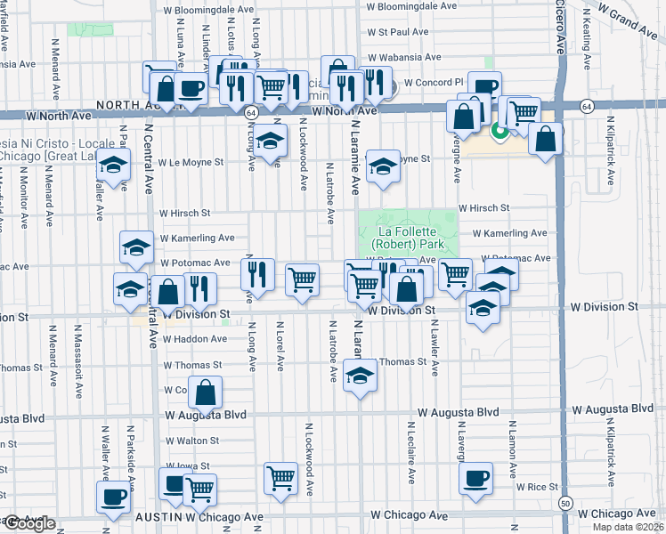 map of restaurants, bars, coffee shops, grocery stores, and more near 5243 West Potomac Avenue in Chicago