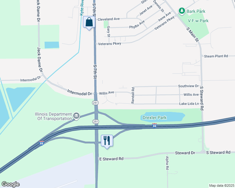 map of restaurants, bars, coffee shops, grocery stores, and more near 430 Willis Avenue in Rochelle