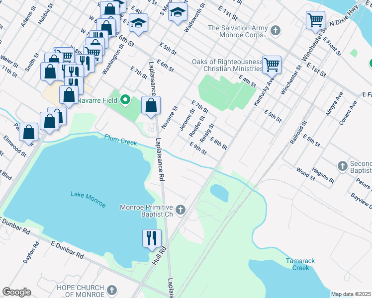 map of restaurants, bars, coffee shops, grocery stores, and more near 913 Roeder Street in Monroe