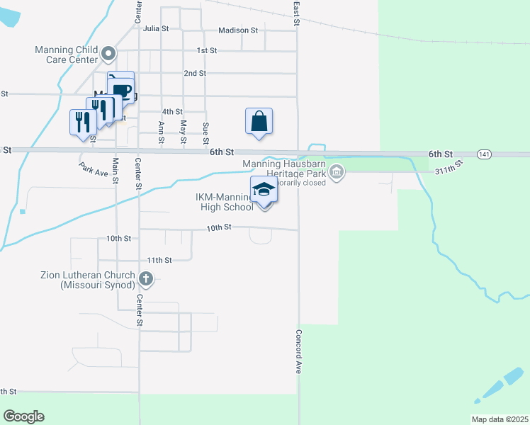 map of restaurants, bars, coffee shops, grocery stores, and more near 209 10th Street in Manning