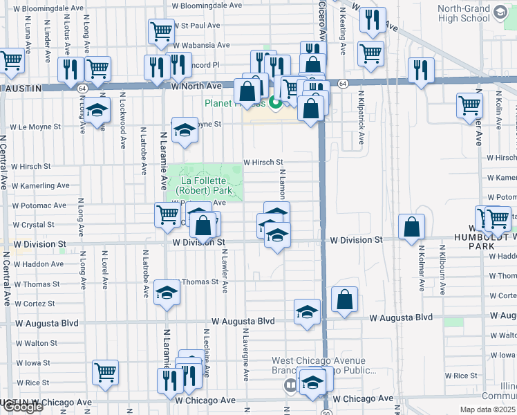 map of restaurants, bars, coffee shops, grocery stores, and more near 4939 West Potomac Avenue in Chicago