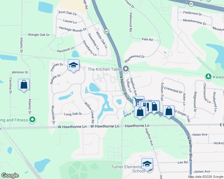 map of restaurants, bars, coffee shops, grocery stores, and more near 1212 Kings Circle in West Chicago
