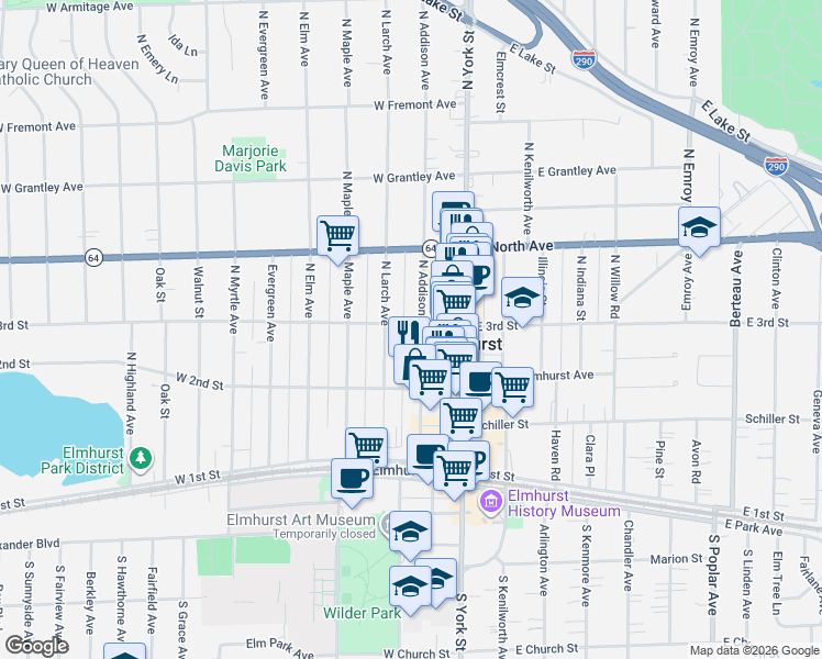 map of restaurants, bars, coffee shops, grocery stores, and more near 142 West 3rd Street in Elmhurst