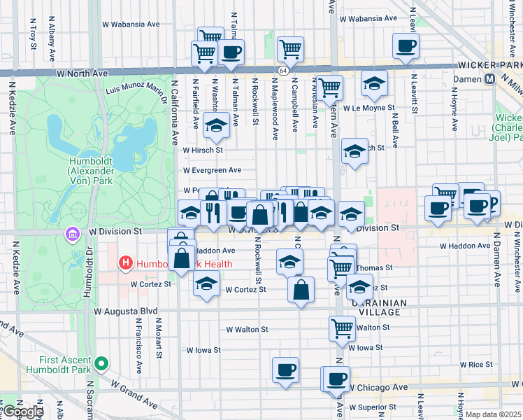 map of restaurants, bars, coffee shops, grocery stores, and more near 1231 North Rockwell Street in Chicago