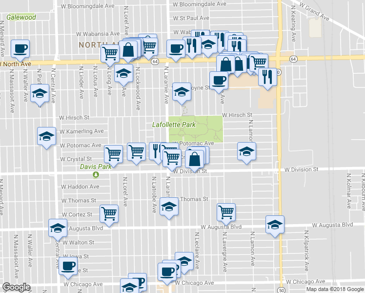 map of restaurants, bars, coffee shops, grocery stores, and more near 5129 West Potomac Avenue in Chicago