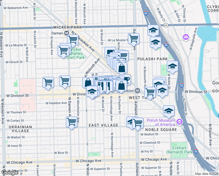 map of restaurants, bars, coffee shops, grocery stores, and more near 1753 West Crystal Street in Chicago