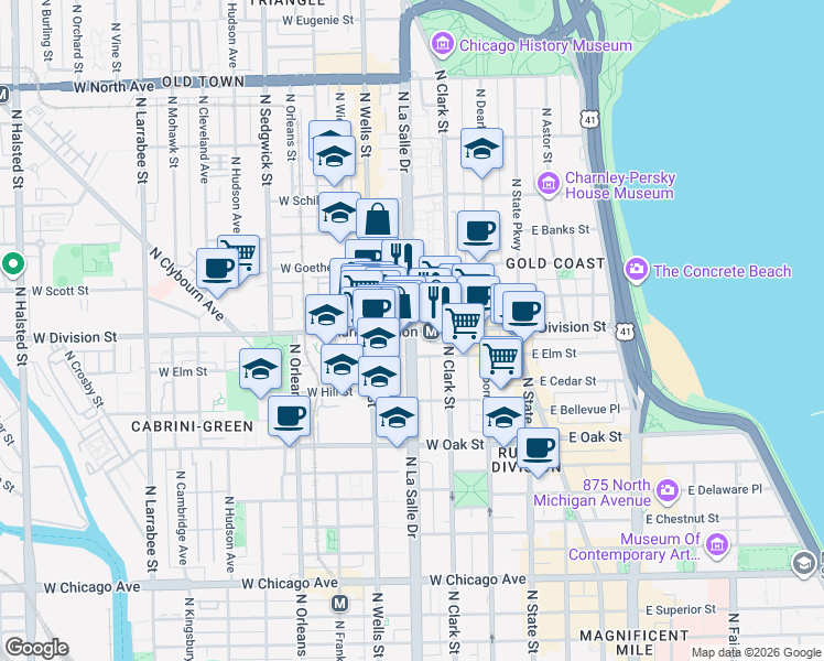 map of restaurants, bars, coffee shops, grocery stores, and more near W Division St & N LaSalle St in Chicago