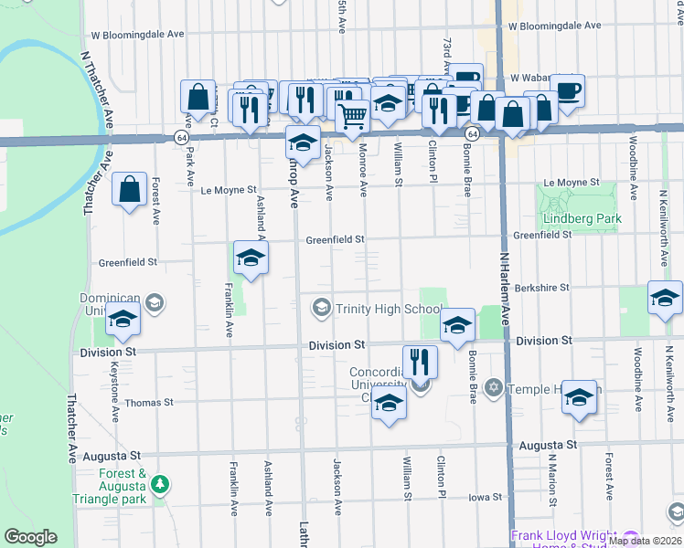 map of restaurants, bars, coffee shops, grocery stores, and more near 1323 Jackson Avenue in River Forest