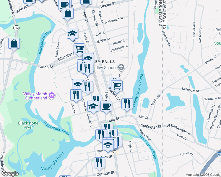map of restaurants, bars, coffee shops, grocery stores, and more near 141 High Street in Cumberland