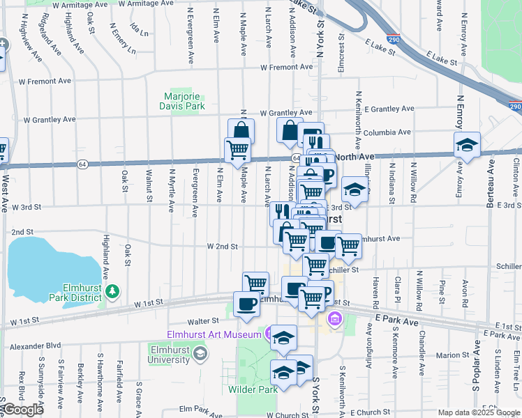 map of restaurants, bars, coffee shops, grocery stores, and more near 210 North Larch Avenue in Elmhurst