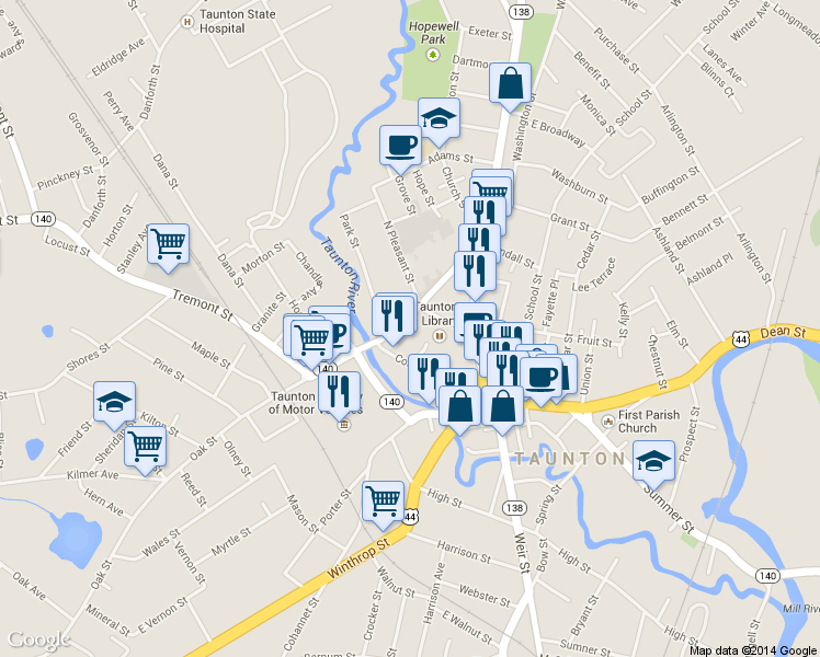 map of restaurants, bars, coffee shops, grocery stores, and more near 18 Pleasant Street in Taunton