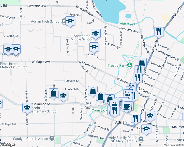 map of restaurants, bars, coffee shops, grocery stores, and more near 312 Summer Street in Adrian
