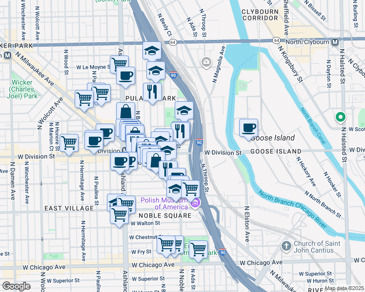 map of restaurants, bars, coffee shops, grocery stores, and more near 1216 North Noble Street in Chicago